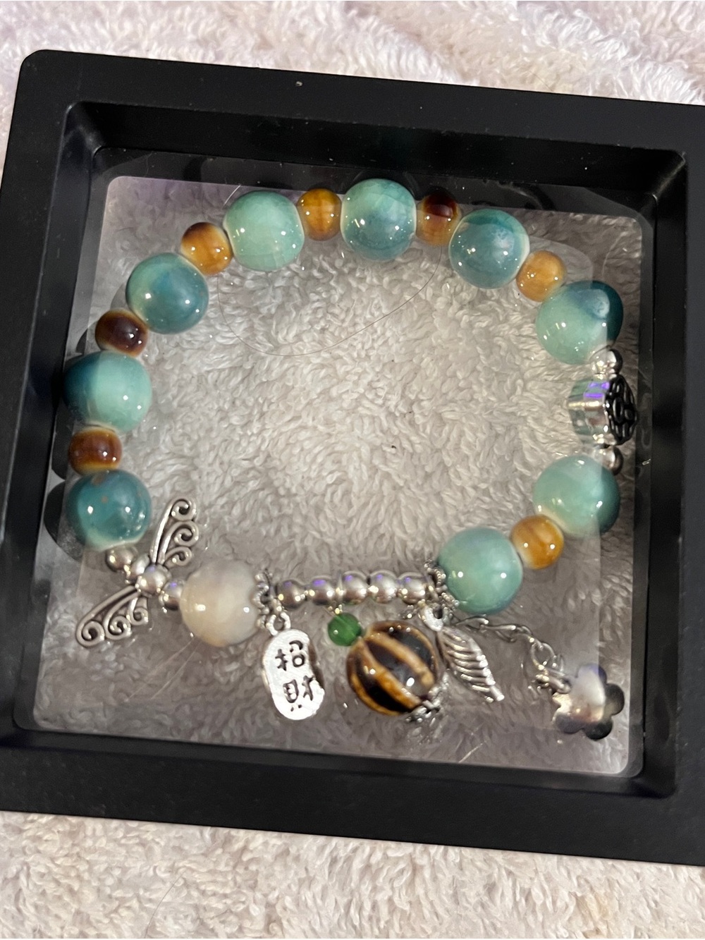 Handmade Aqua & Amber Beaded Charm Bracelet with Silver Accents